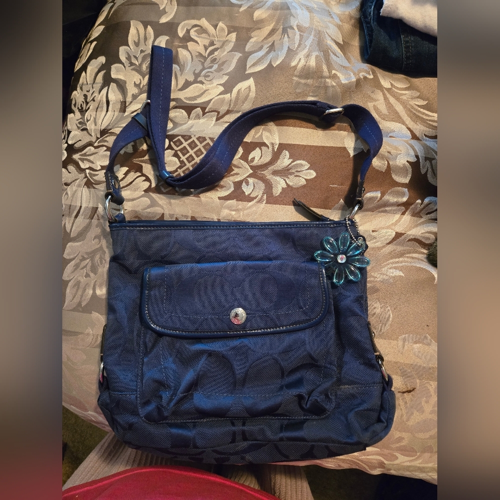 Coach Navy Blue Signature Crossbody Shoulder Bag with Flower Charm
